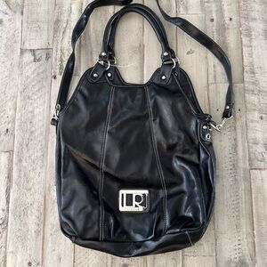 Elegant Linear LR Black Leather Shoulder Bag With Silver Accents